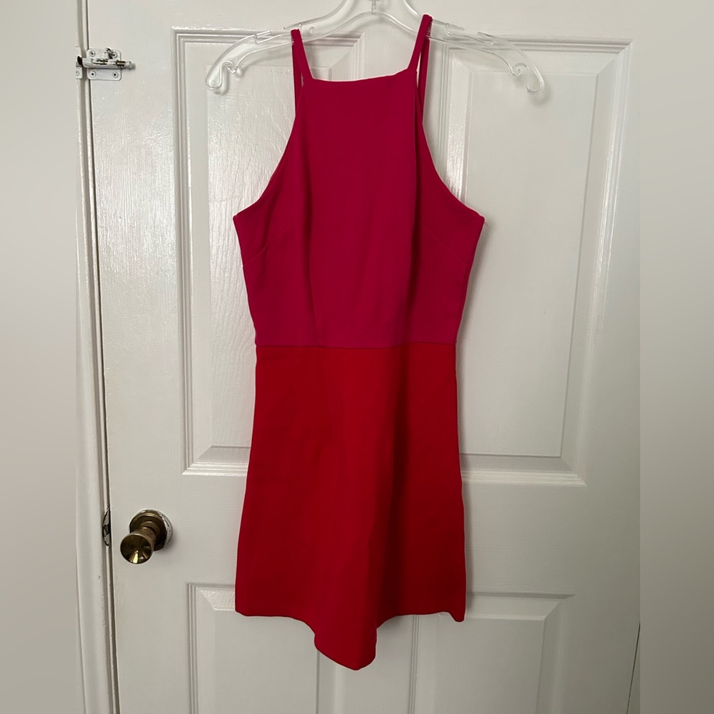 Colorblock Hot Pink & Red Mini Dress with High Square Neck